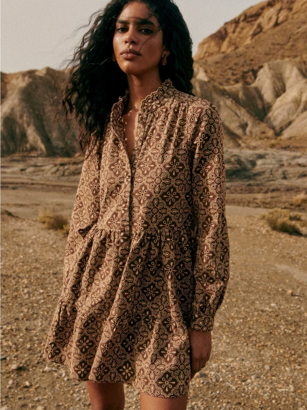 Sezane Hidaya Dress Brown Printed Long-Sleeve Mini Dress